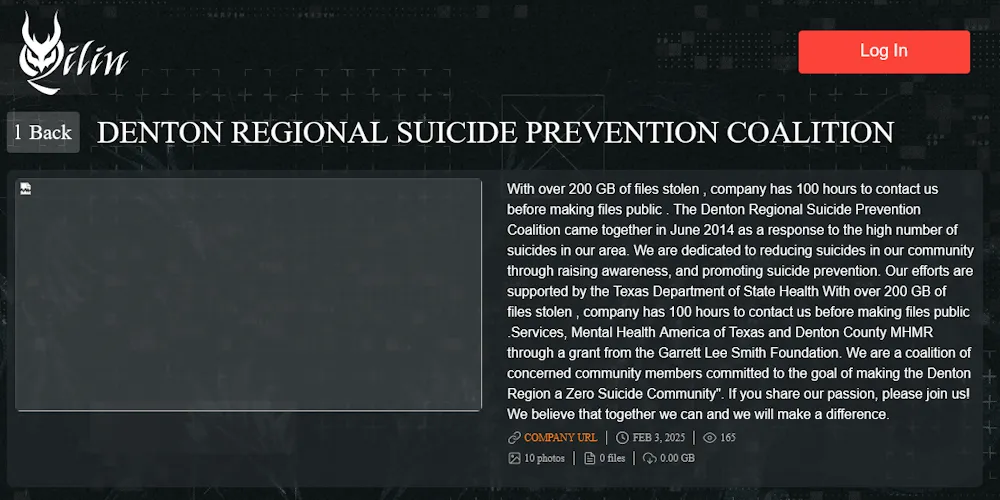 Denton Regional Suicide Prevention Coalition Has Fallen Victim to Qilin Ransomware
