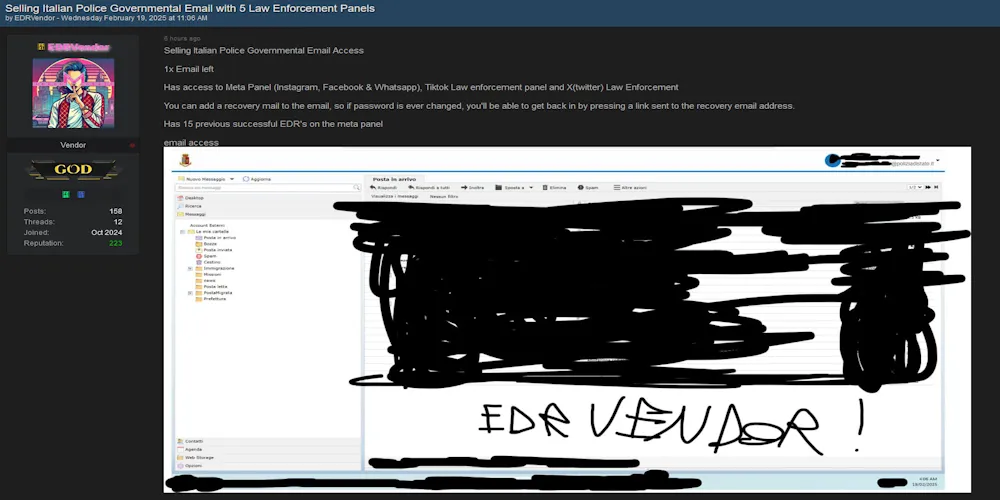 EDRVendor Claims to be Selling Italian Police Government Email Access with Five Law Enforcement Panels