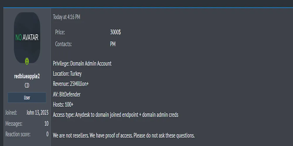 A Threat Actor Claims to be Selling Domain Admin Access to an Unidentified Turkish Company