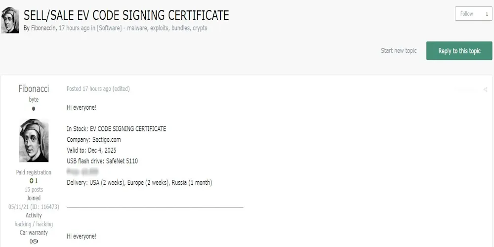 A Threat Actor Claims to be Selling Sectigo EV Code Signing Certificate