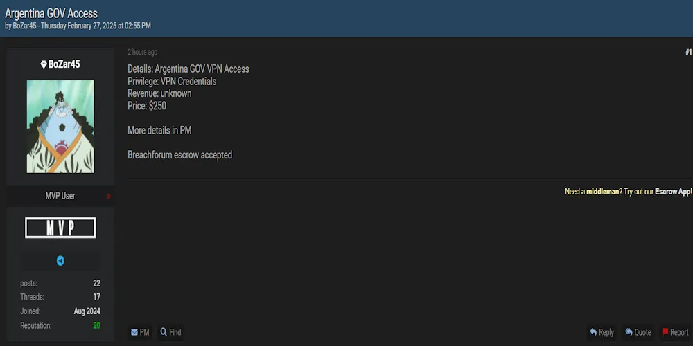 A Threat Actor Claims to be Selling VPN Access to Argentina Government