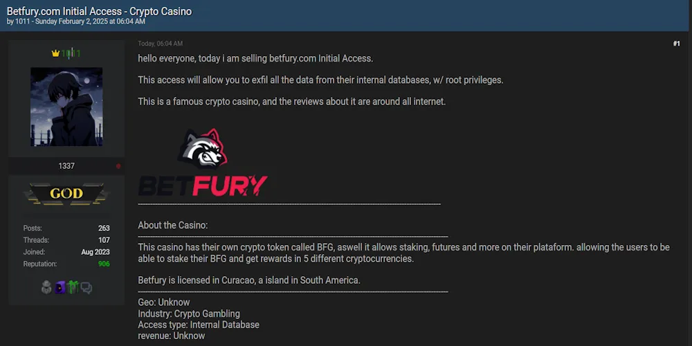 1011 Claims to be Selling Access to BetFury