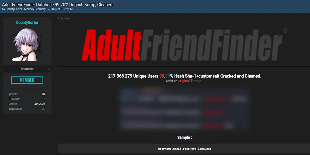 A Threat Actor Claims to have Leaked Data of AdultFriendFinder