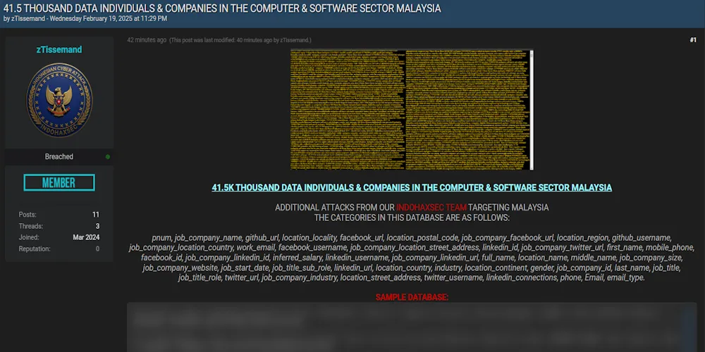 A Threat Actor Claims to have Leaked the Data of Unidentified Individuals and Software Companies from Malaysia