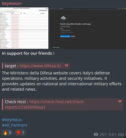 Keymous+ Targeted the Website of Ministero della Difes