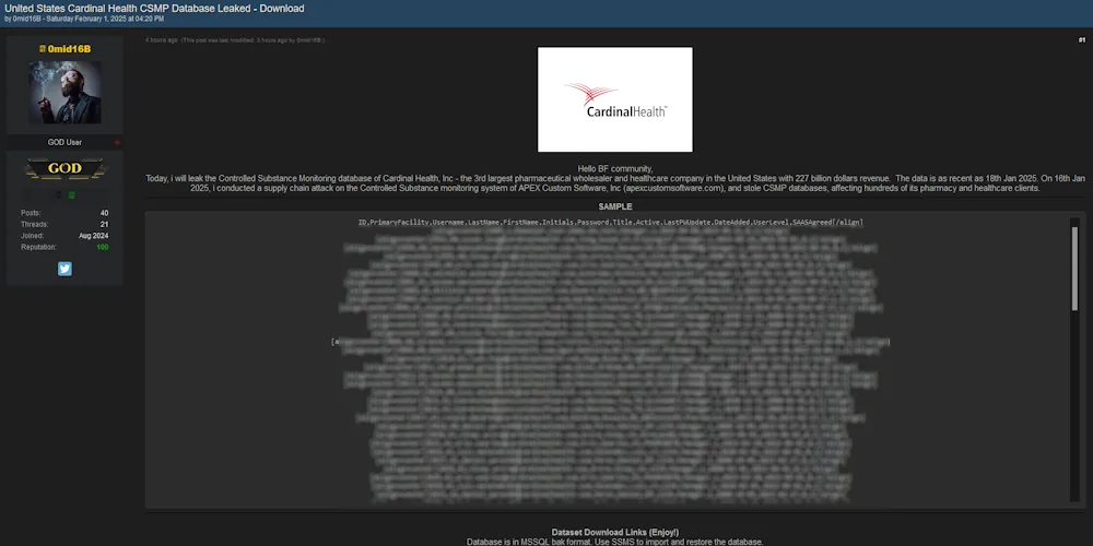 0mid16B Claims to have Leaked the Data of Cardinal Health