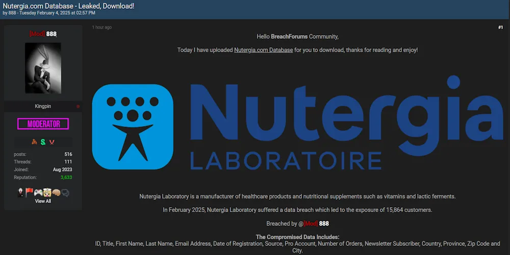 888 Claims to have Leaked the Data of Nutergia Laboratory