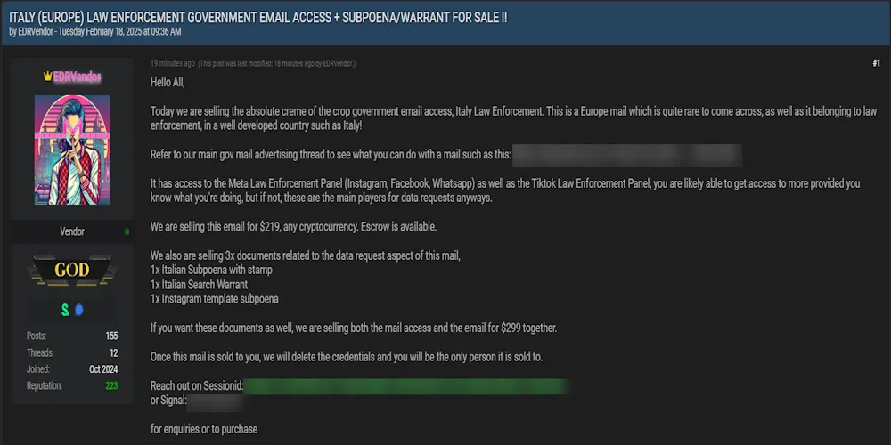 EDRVendor is Claiming to Sell Email Access to Italy Law Enforcement