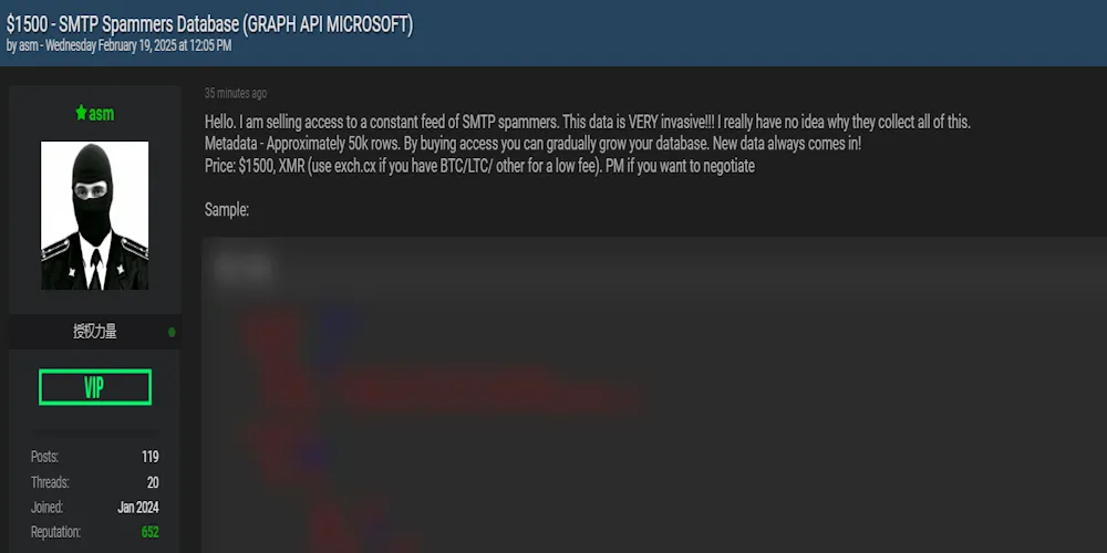 A Threat Actor Claims to be Selling Access to SMTP Spammers Database Through Microsoft Graph API