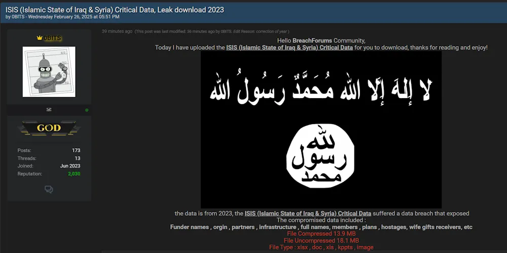 0BITS Claims to have Leaked Data of Islamic State of Iraq and Syris