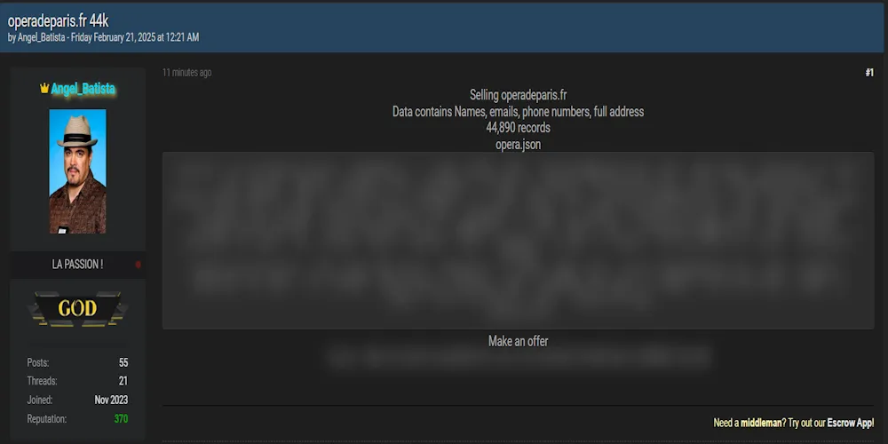 Angel_Batista Claims to be Selling the Data of Paris Opera