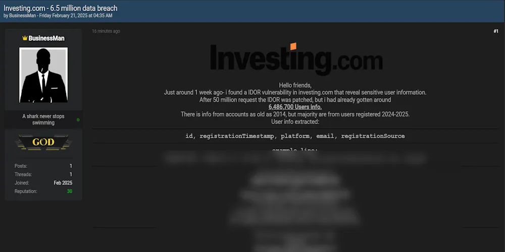 BusinessMan Claims to be Selling the Data of Investing.com