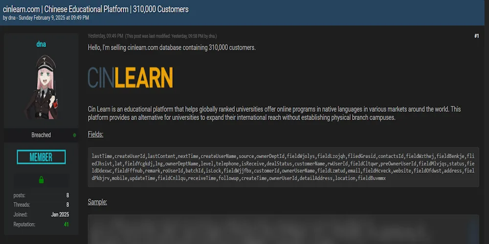 A Threat Actor Claims to be Selling the Data of Cin Learn