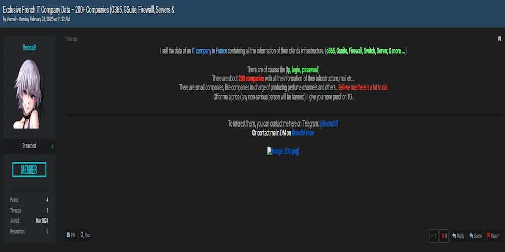 A Threat Actor Claims to be Selling the Data of Unidentified French IT Companies