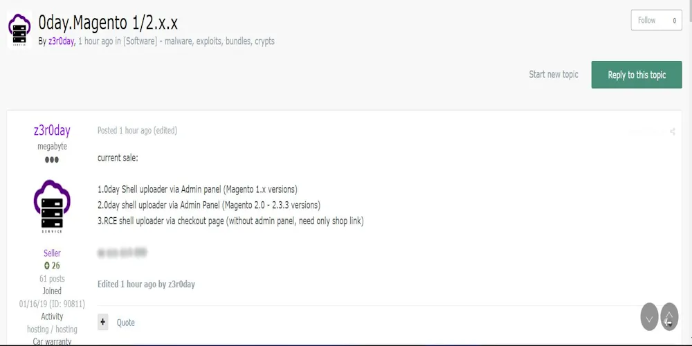 A Threat Actor Claims to be Selling a 0-day Shell Uploader Targeting Magento