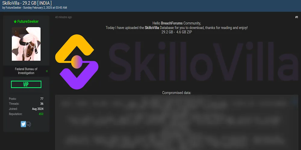 FutureSeeker Claims to have Leaked the Data of SkilloVilla