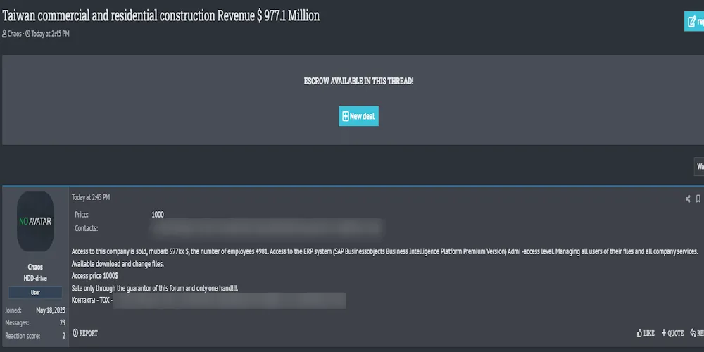 A Threat Actor Claims to be Selling Access to an Unidentified Commercial and Residential Construction Organization in Taiwan