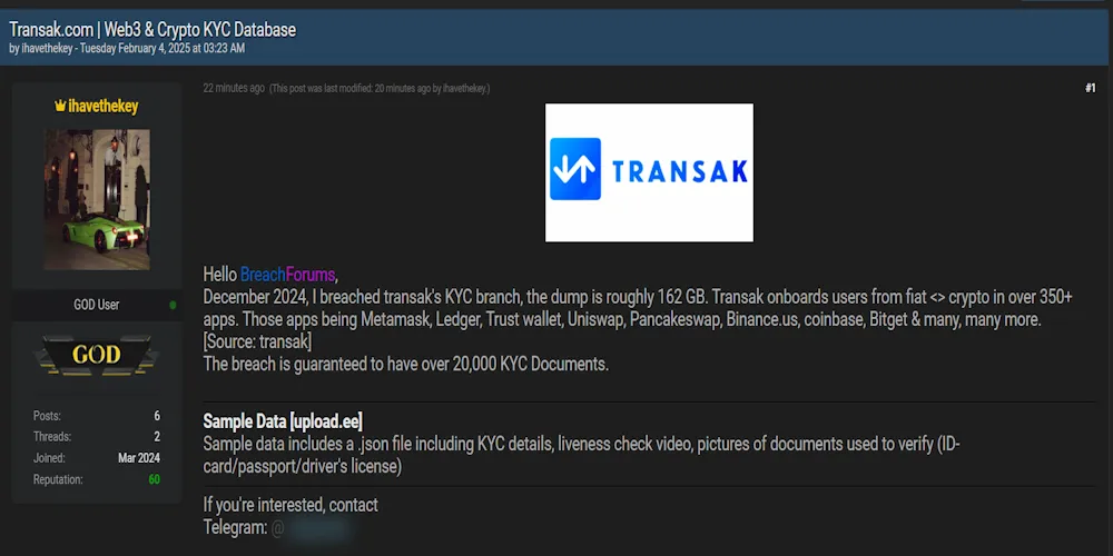 A Threat Actor Claims to be Selling the Data of Transak