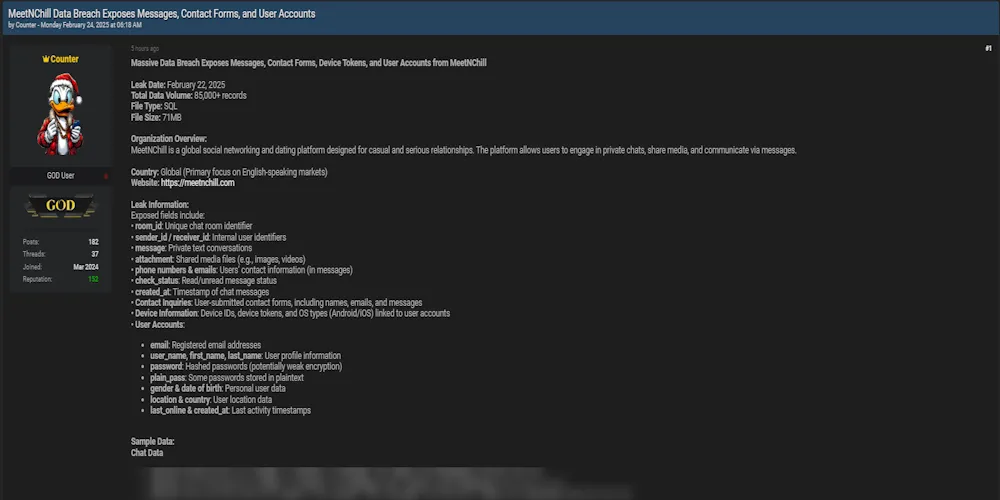Counter Claims to have Leaked the Data of Meet and Chill