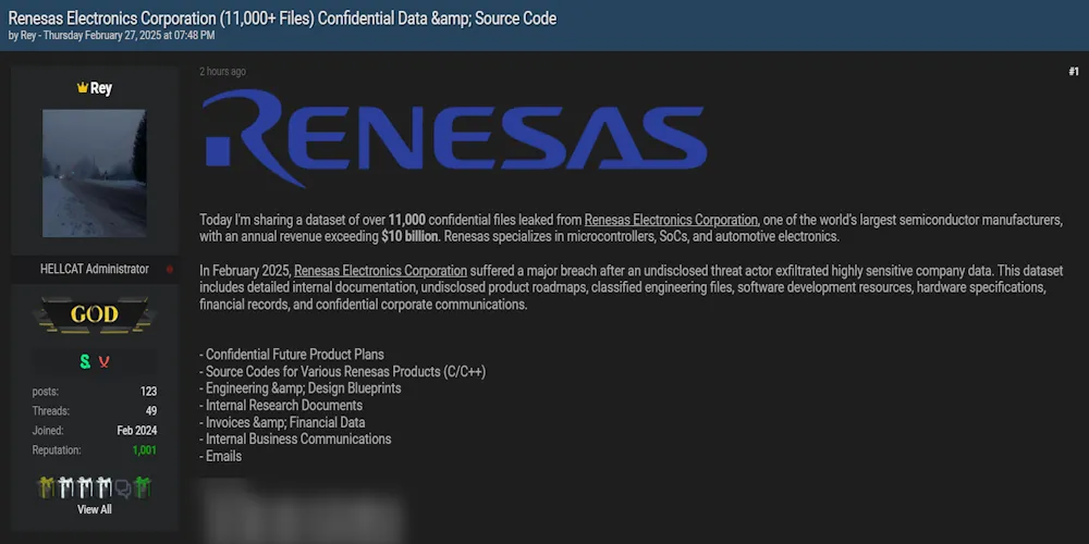 Rey Claims to have Leake the Data of Renesas Electronics Corporation