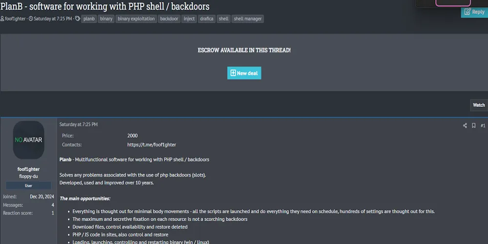 A Threat Actor is Claiming to Sell PlanB, A Multifunctional Software Tool for Managing PHP Shells and Backdoors