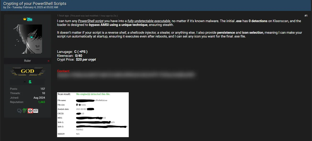 A Threat Actor is Selling an Advanced FUD PowerShell-to-EXE Converter Tool