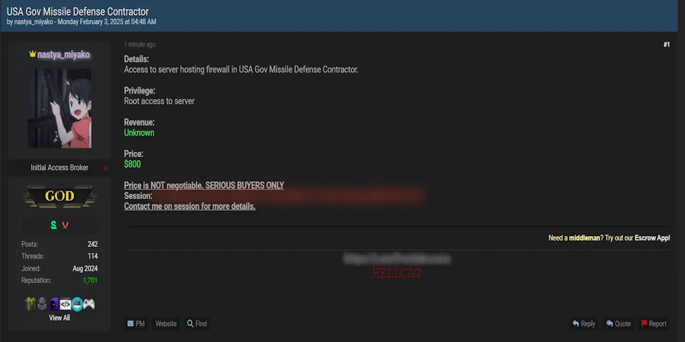 miyako is Allegedly Selling Access to a Server Hosting a Firewall for a U.S. Government Missile Defense Contractor