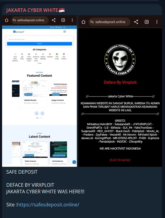 JAKARTA CYBER WHITE Defaced the Website of Safe Deposit