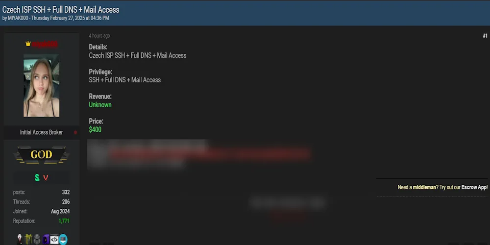 miyako is Claiming to Sell Access to an Unidentified Internet Service Provider in Czech Republic