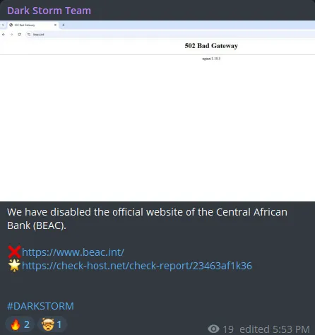 Dark Storm Team Targeted the Website of Bank of Central African States (BEAC)