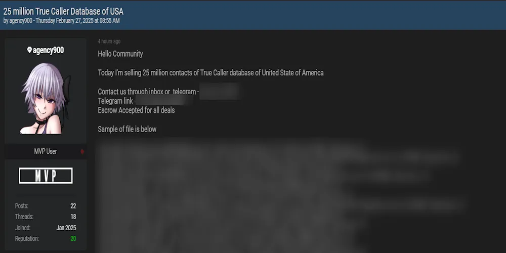 A Threat Actor Claims to be Selling the Data of True Caller