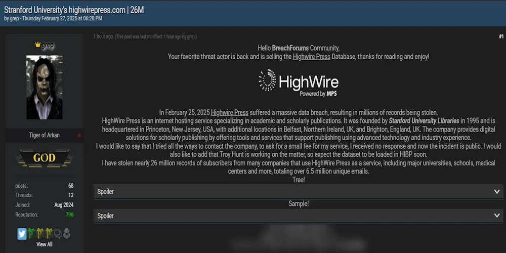 grep Claims to be Selling the Data of HighWire Press