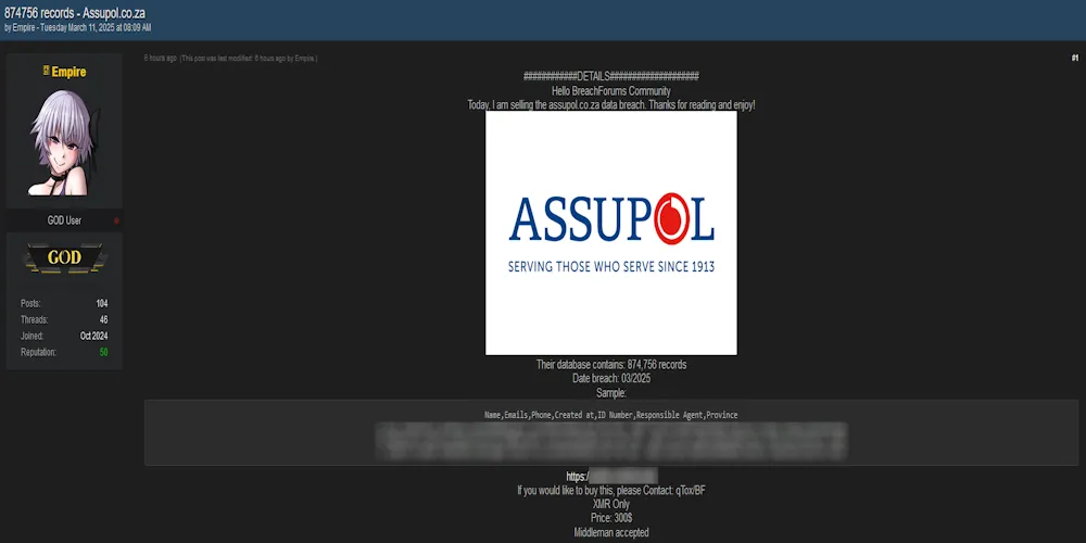 Assupol Allegedly Suffers Data Breach, 874,756 Customer Records for Sale