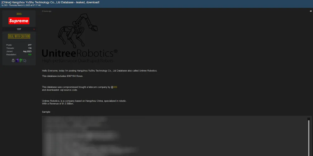 Alleged Data Leak of Hangzhou YuShu Technology Co., Ltd. (Unitree Robotics) Exposed Online