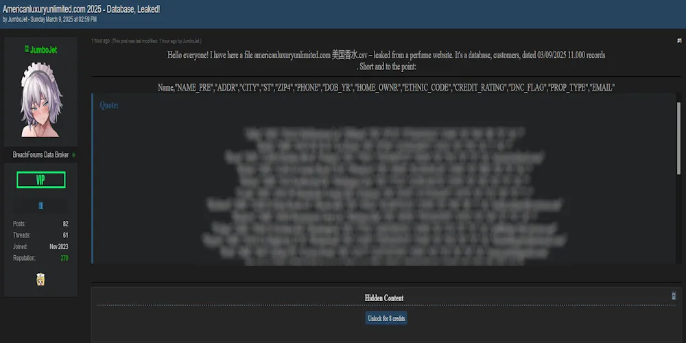 Alleged Database Leak of The American Luxury Unlimited