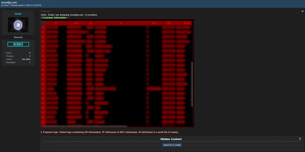 WCNetJa Customer & Billing Data Allegedly Leaked on Dark Web