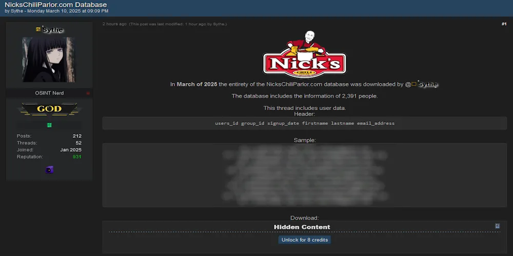 Nick's Chili Parlor Database Allegedly Leaked Online, Over 2,300 User Records Exposed