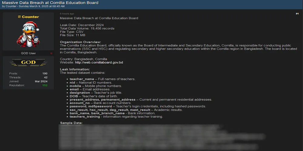 Alleged Data Breach at Board of Intermediate & Secondary Education, Cumilla