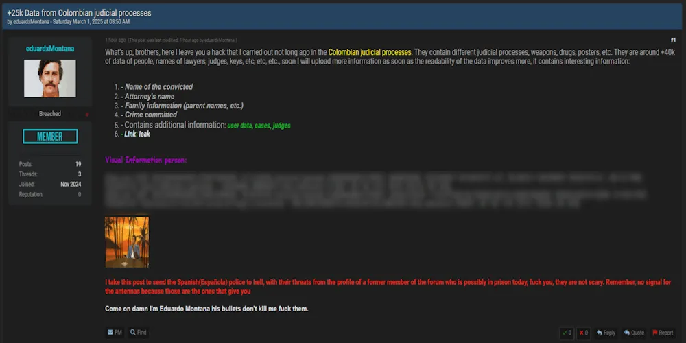 A Threat Actor Claims to have Leaked the Data of Colombian Judicial Data