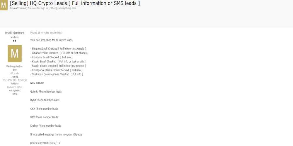 A Threat Actor Claims to be Selling HQ Crypto Leads from Multiple Cryptocurrency Platforms