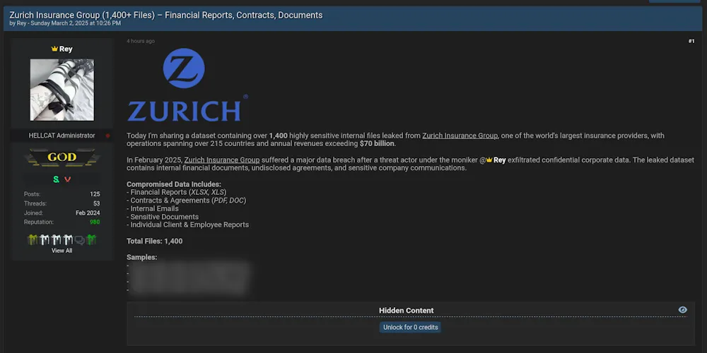 Rey Claims to have Leaked the Data of Zurich Insurance