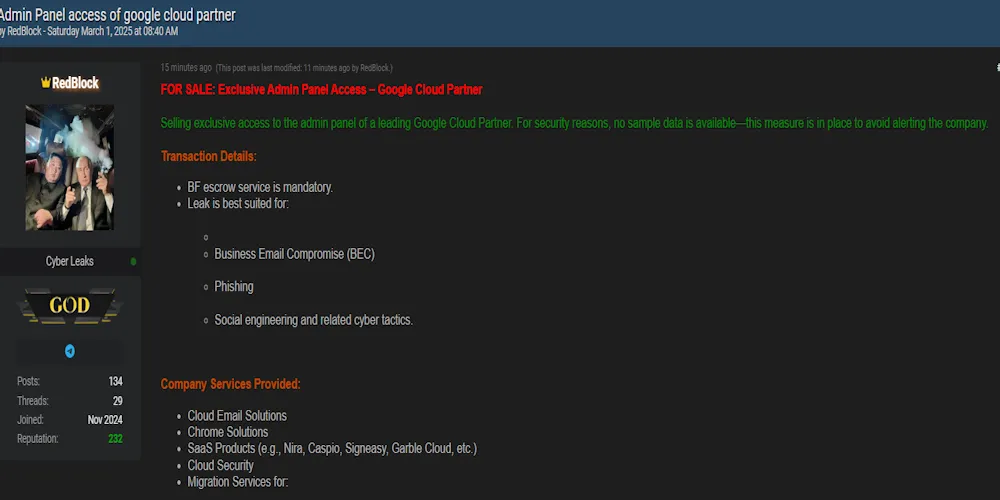 A Threat Actor Claims to be Selling Access to a Google Cloud Partner