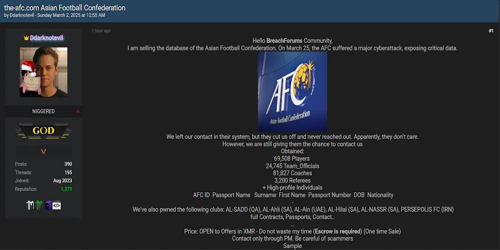 Ddarknotevil is Claiming to Sell the Data of Asian Football Confederation