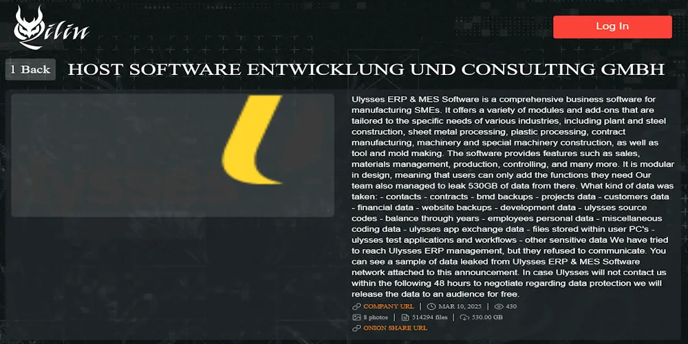 Ulysses ERP & MES Software Falls Victim to Qilin Ransomware, 530 GB of Data Allegedly Stolen