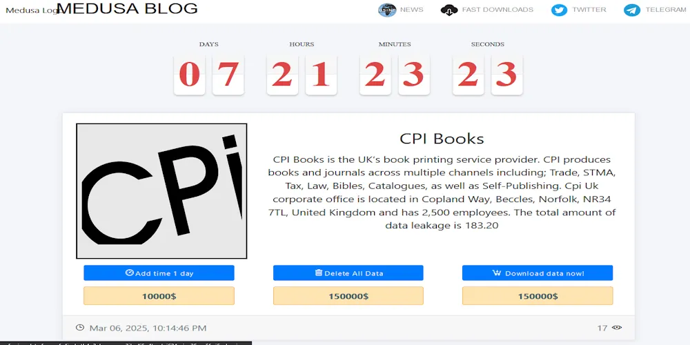 UK Printing Giant CPI Books Targeted by MEDUSA Ransomware