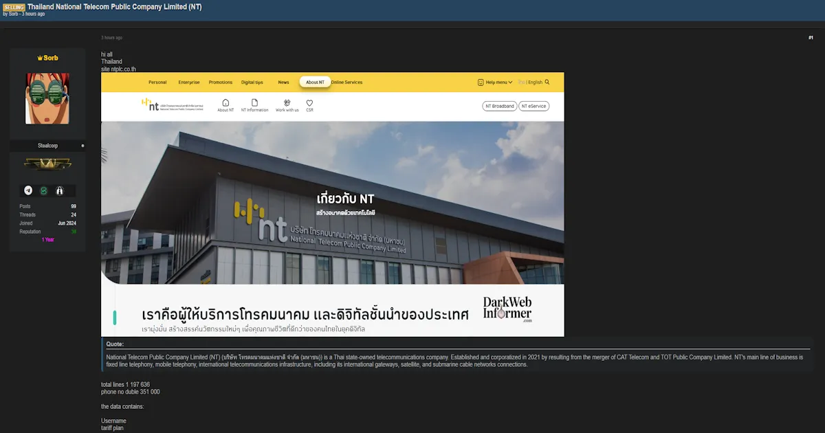 Alleged Data Breach of Thailand’s National Telecom Public Company Limited