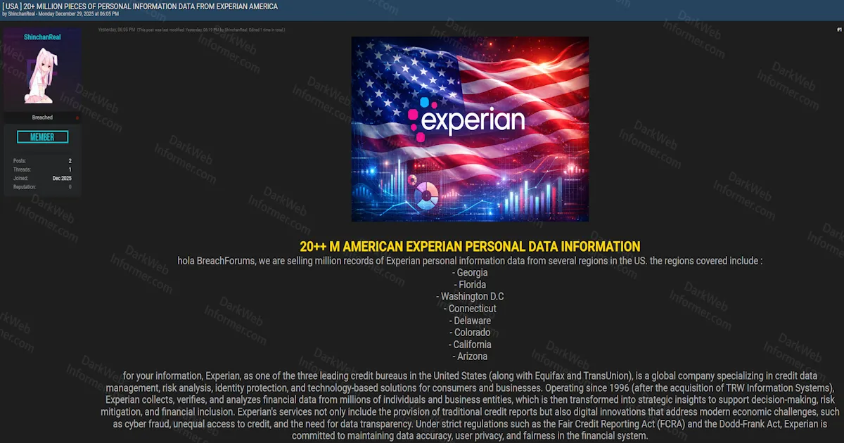 Credit Bureau Experian Database With 20M+ American Consumer Records Offered for Sale