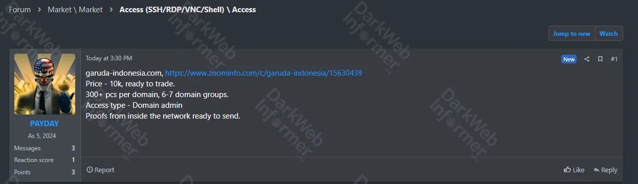 Alleged Sale of Login Access to Garuda Indonesia