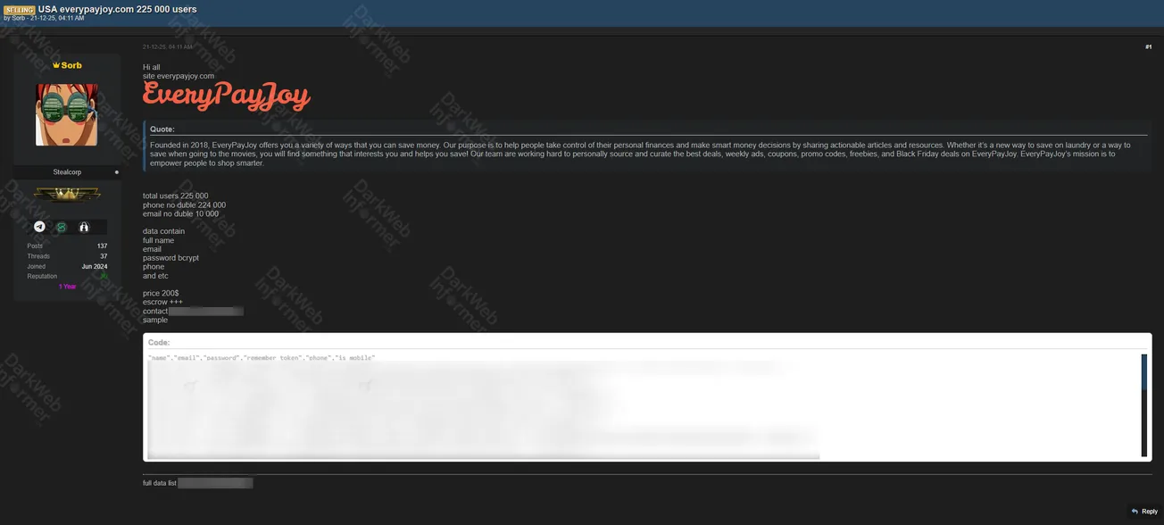 Alleged Data Sale of EveryPayJoy User Database