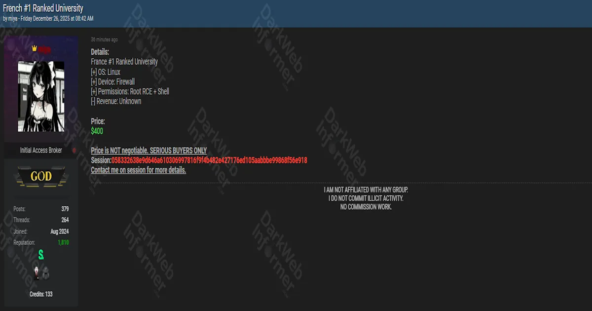 Alleged sale of unauthorized access to an unidentified university in France